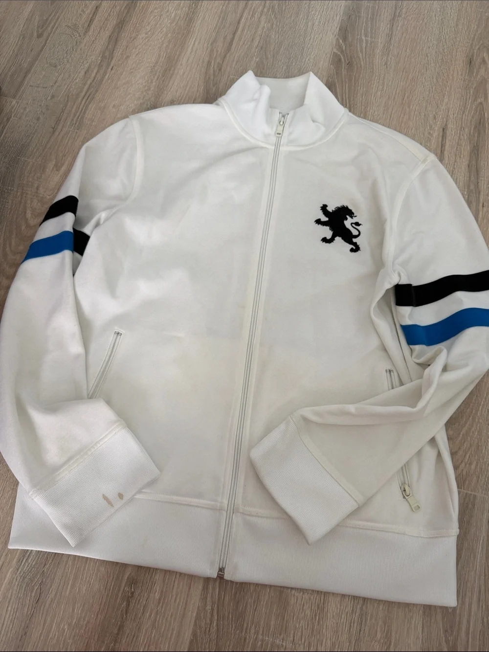 Express White Track Jacket with Black & Blue Stripe Accents